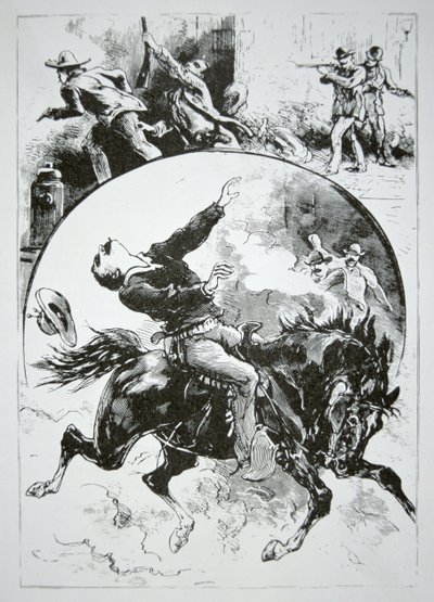 コフィービル市民の怒りを買って撃墜されたダルトン・ギャング（1892年10月5日付「National Police Gazette」より）（刻印 作： American School