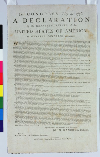 独立宣言、ヒュー・ゲイン、1776年（紙に印刷されたインク） 作： American School