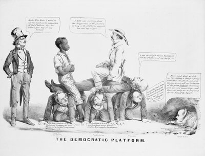 奴隷制に立っている民主党についてコメントする「民主党の綱領」の風刺漫画、1856年頃 作： American School