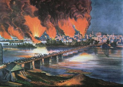 1865年4月2日夜のバージニア州リッチモンド陥落(カラーリトグラフ) 作： American School