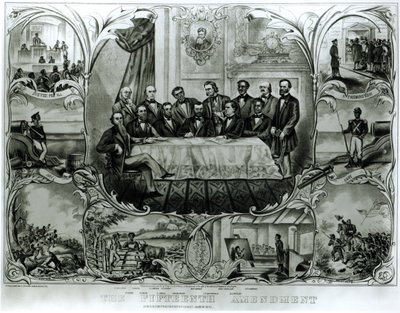 ユリシーズ・S・グラント大統領（1822-85）が署名した憲法修正第15条 1870年3月（リトグラフ）（モノクロ写真 作： American School
