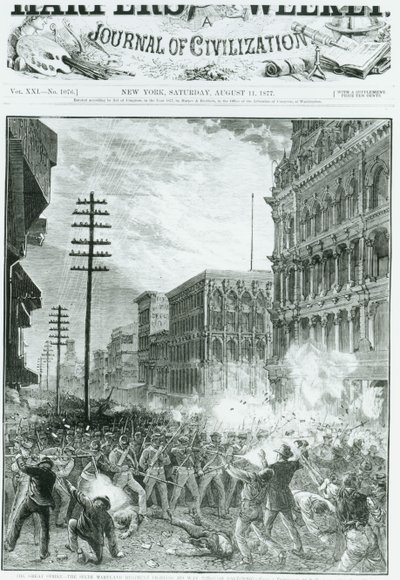 グレートストライク：1877年8月11日の「ハーパーズウィークリー」から、ボルチモアを駆け抜ける第6メリーランド連隊 作： American School