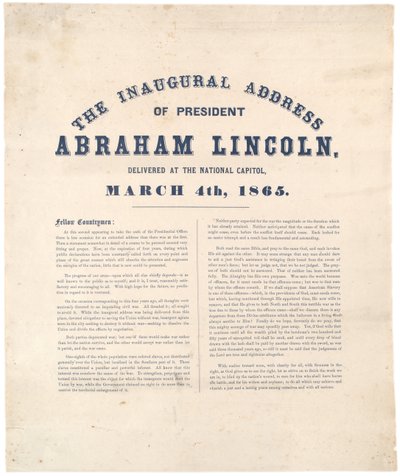 1865年3月4日、国会議事堂で発表されたエイブラハムリンカーン大統領の就任演説 作： American School