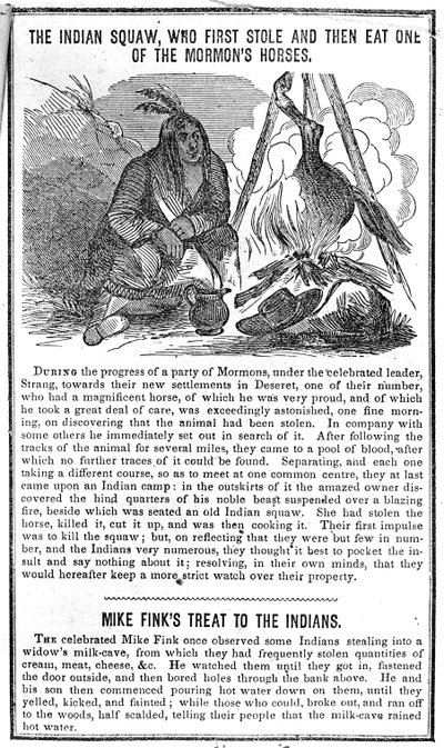 最初にモルモンの馬を盗み、次に食べたインディアンスコー、クロケットアルマナック、1852年 作： American School