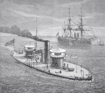1863年に進水した双砲塔の装甲モニター「ミアントノマ」（リトグラフ 作： American School