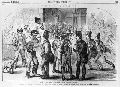 1857年11月7日、ハーパーズウィークリーに掲載された選挙前の帰化事務局日 作： American School