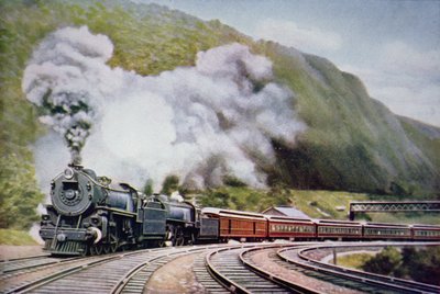 アレガニーの馬蹄形カーブを走るニューヨーク・シカゴ間の特急列車、1930年頃（カラーリトグラフ 作： American School