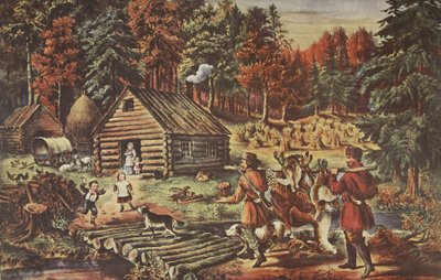 西部フロンティアのパイオニアの家。 1867年、キュリアーとアイブス 作： American School