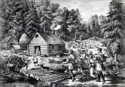 西部開拓時代の開拓者の家、パブ。 Currier und Ives、1867 作： American School