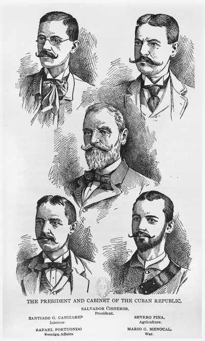 サルバドールシスネロスベタンクール大統領（1828-1914）とキューバ共和国の内閣c。 1895年、Werner CompanyのMurat HalsteadによるThe Story of Cubaのイラストは1898年に出版されました（engrav 作： American School
