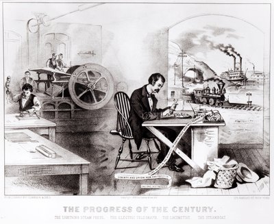 世紀の進歩：ライトニングスチームプレス、電気電信、機関車、蒸気船、パブ。 Currier＆Ives、1876 作： American School