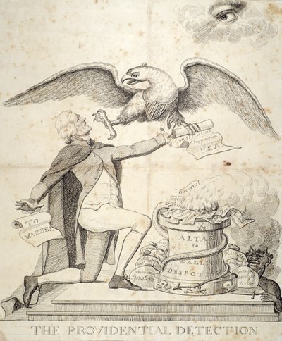 憲法を破壊しようとしているトマスジェファーソン（1743-1826）を描いた漫画、証拠の検出 作： American School