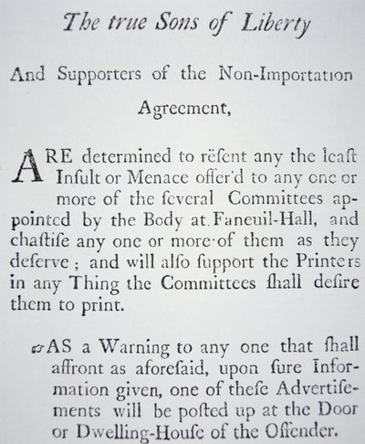 1765年にイギリスの税金に反対して設立された秘密運動「自由の息子たち」（リトグラフ 作： American School