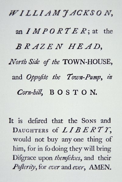 1765年にイギリスの税金に反対して設立された秘密運動「自由の息子たち」（リトグラフ 作： American School