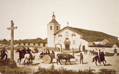 1777年、カリフォルニア州サンタクララデアシスのスペイン人伝道所（リトグラフ）。 作： American School