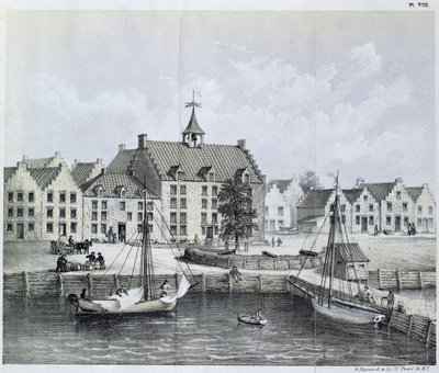 ジャスパーダンカーツ（b.1639）とピータースロイター（1645-1722）による1679-80年のジャーナルオブニューヨークへの航海から、1679年のニューヨークのスタダイス、パールストリートのコーナー、コエンチススリップ、1867年 作： American School
