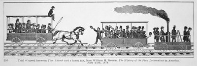 トム・サム機関車」が馬車と競争する様子（ウィリアム・H・ブラウン著「The History of the First Locomotives in America」より、1830年（リトグラフ）。 作： American School
