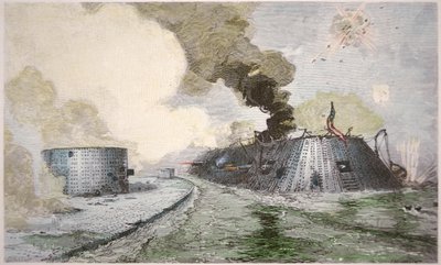 アメリカ南北戦争中の1862年3月9日、ハンプトン・ブローズの戦いでCSS「メリマク」と戦うUSS「モニター」（カラーリトグラフ版 作： American School