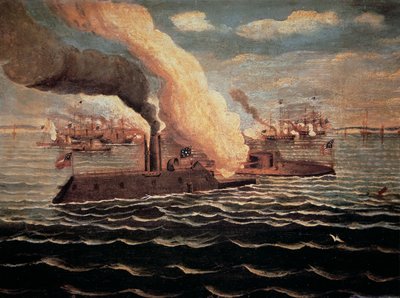 アメリカ南北戦争中の1862年3月9日、ハンプトン・ローズの戦いでCSS「メリマク」と戦うUSS「モニター」（カラーリトグラフ版 作： American School