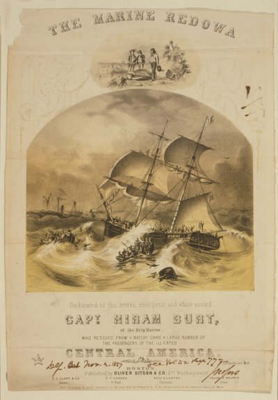 1857年9月、キャロライナ沖でハリケーンに見舞われた蒸気船SSセントラル・アメリカ号から救命ボートで乗客を救出したブリッグ・マリーン号。550人以上が溺れ、30,000ポンド（14,000kg）のカリフォルニア金貨が失われました。 作： American School