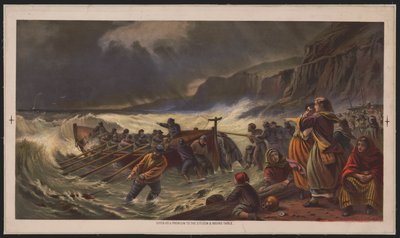 出発、救命ボートの進水、1878年頃（クロモリトグラフ） 作： American School