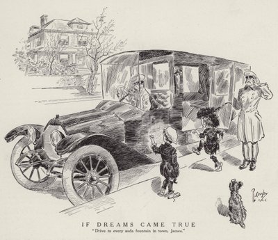 街中のソーダ・ファウンテンに運転手をつけてもらいたいと願う少年の夢（リトグラフ） 作： アメリカの学校