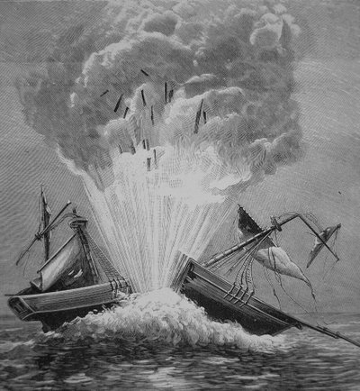 ロバート・フルトン（1765-1815）が発明した最初の魚雷が、ウォルマー湾でデンマークのブリッグ「Dorothee」を爆破。 作： American School