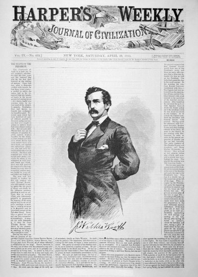 ジョン・ウィルクス・ブース（1838-65）のイラストが描かれた、エイブラハム・リンカーン（1809-65）暗殺後の「ハーパース・ウィークリー」の表紙（1865年4月29日）（リトグラフ版 作： American School