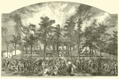 1863年7月、ニューヨーク市のフィフスアベニューとフォーティシックスストリートの角にある色付きの孤児の亡命を燃やす暴徒 作： American School