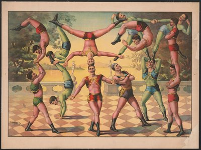 アクロバットをする13人の男たち 1891年頃（カラーリトグラフ） 作： American School