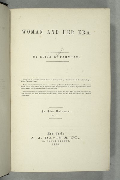 Eliza Wood Farnham（1815-64）によるWomen and Her Eraのタイトルページ（1864年、ニューヨーク発行）（印刷） 作： American School