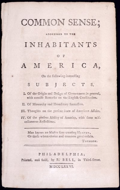 Thomas Paine（1737-1809）によるCommon Senseのタイトルページ1776（印刷） 作： American School