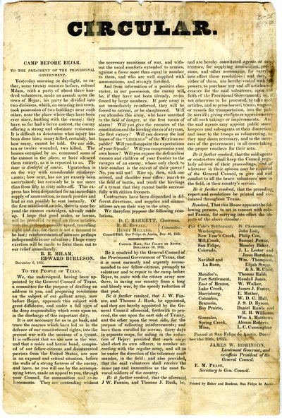 1835年12月10日、サンアントニオデベクサーでのメキシコの駐屯軍の包囲戦 作： American School