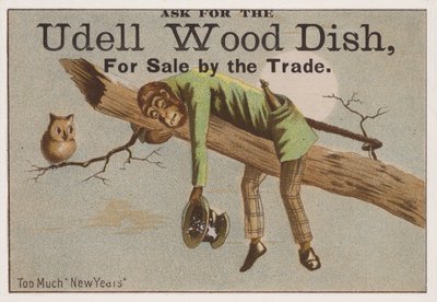 あまりにも多くの新年」、ウデルの木の料理を宣伝するトレードカード 作： American School