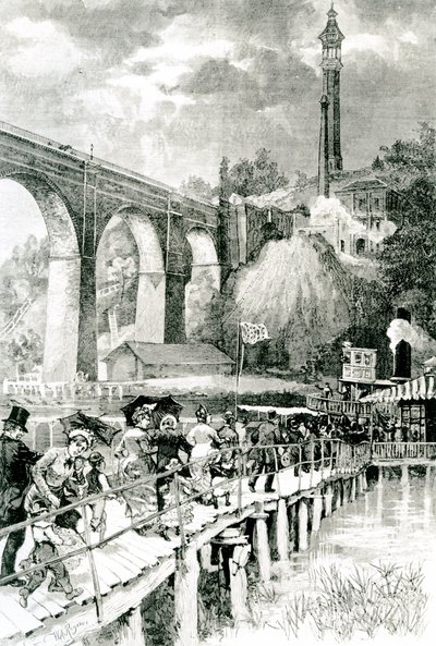 1880年7月24日、毎週WAロジャースがハーパーズのために刻んだ、左に高い橋があるハーレム川の汽船に戻る観光客 作： American School