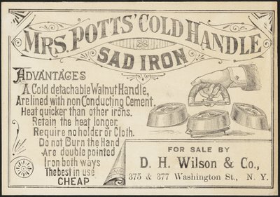 ポッツ夫人のトレードカード」コールドハンドルサッドアイアン、c.1870-1900 作： American School