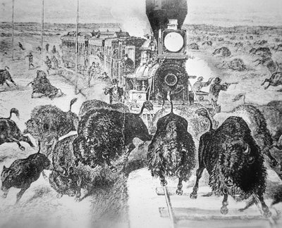 1870年代にスポーツとしてバッファローを撃ったカンザス・パシフィック鉄道の列車の乗客（リトグラフ 作： American School