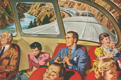 近未来的な鉄道旅行を楽しむ旅人たち 作： American School