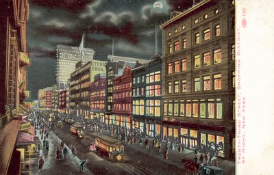 夜のニューヨーク、トゥエンティーサード・ストリート商店街（カラーリトグラフ） 作： アメリカの学校
