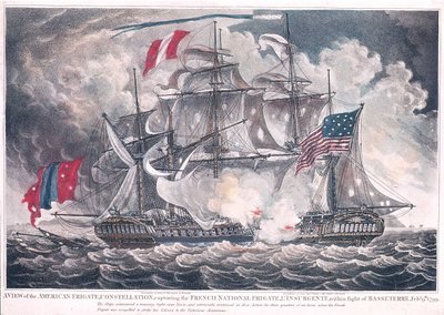 1800年に公開された1799年2月9日のバセテールの戦いで、米国領フリゲート星座が西インド諸島のリンスルヘンテを占領 作： American School