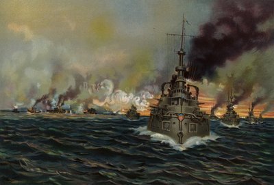 アメリカ海軍、サンチアゴ沖海戦、1898年7月3日（カラーリトグラフ 作： American School
