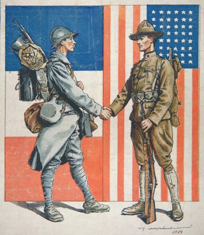 フランス人兵士と握手するアメリカ人兵士、アメリカの第一次世界大戦への参戦 作： American School
