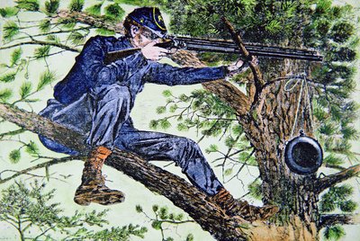 望遠照準器を使う北軍の狙撃手（カラーリトグラフ 作： American School