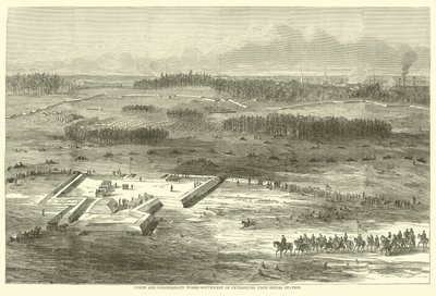 1865年3月、信号機駅から北軍と南軍がピーターズバーグ南西部で作業 作： American School
