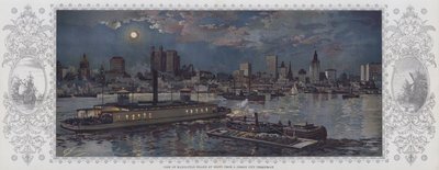 ジャージー・シティのフェリーボートから見たマンハッタン島の夜景（カラーリトグラフ） 作： American School