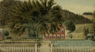 ピケットフェンスのある赤い家の眺め、1854年（紙にガッシュ付きのトイレ） 作： American School
