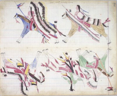 家に帰る戦争党、Black Horse Ledger、1877-79年のイラスト（紙に鉛筆とクレヨン） 作： American School