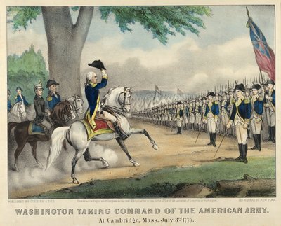 7月3日、マサチューセッツ州ケンブリッジでアメリカ軍の指揮を執るワシントン 作： American School