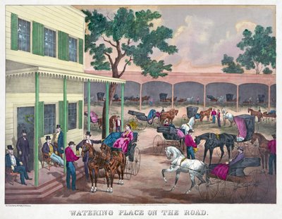 路上の水飲み場、パブ。1870年（手彩色の彫刻 作： American School