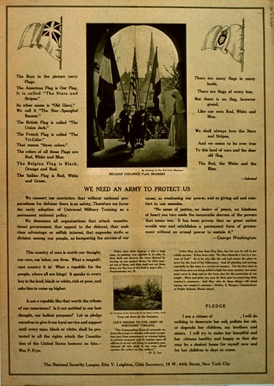 私たちを守るための軍隊、国家安全保障連盟の宣伝パンフレット、1914年から18年頃 作： American School